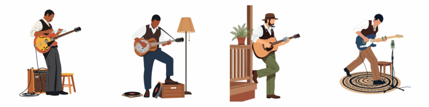 Collection of four vintage-style illustrations featuring men playing various guitars, including electric, resonator, and acoustic models, in classic Americana settings.