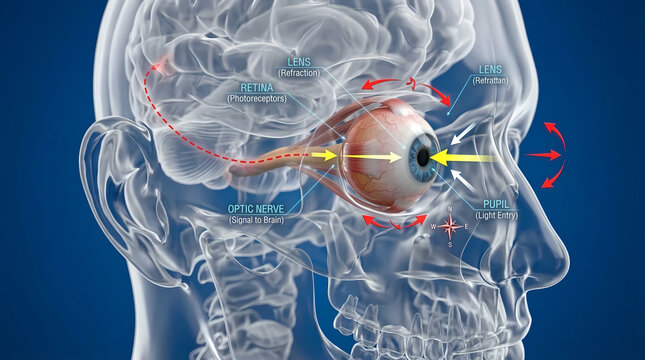 Advanced 3D Medical Illustration of Human Vision: Light Refraction, Retinal Processing, and Optic Nerve Transmission.