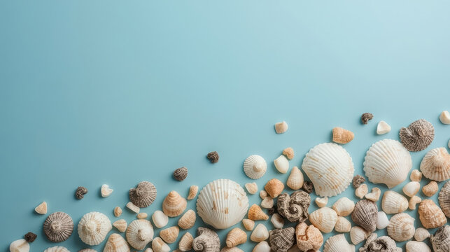 Seashells scattered on blue background evoking calm coastal marine conservation mood