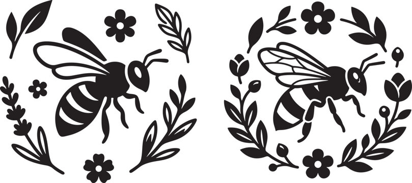 Bee And Floral Ornament Silhouette On White Background