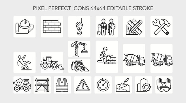Pixel-perfect 64x64 editable-stroke icon set: outline UI symbols including accessibility, tools, safety, healthcare, and people icons for dashboards and apps.