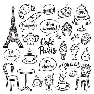 Paris themed hand drawn doodles featuring cafe culture and pastries