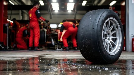 Naklejka premium Racing pit crew in red uniforms working in garage with tire in foreground