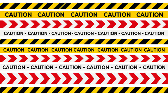 Industrial caution tape and warning barrier pattern collection featuring yellow black hazard stripes, red directional chevrons, and safety warning elements arranged in a seamless vertical layout. High