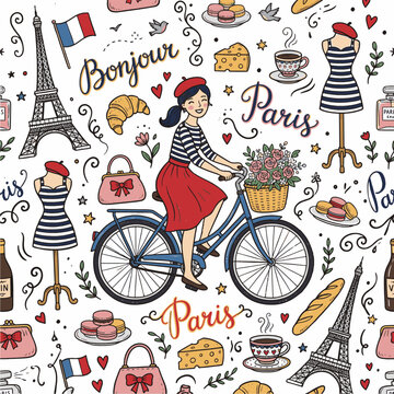 French woman riding a bicycle with eiffel tower and paris symbols