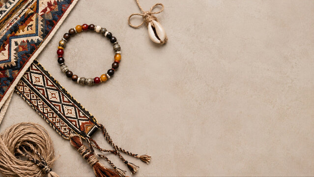 Traditional handmade ornaments and textile with geometric patterns. Flat lay view of indigenous accessories and crafts. International Day of the World&rsquo;s Indigenous Peoples concept.