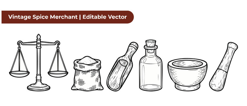 Vintage spice merchant vector icon set with rustic apothecary equipment, featuring balance scale, spice sack, wooden scoop, glass bottle, mortar and pestle in hand drawn sketch style for logo designs.