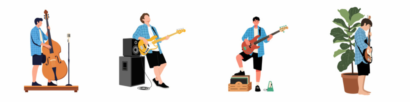 Set of flat vector illustrations featuring a young man playing double bass and electric bass guitar in various musical settings.