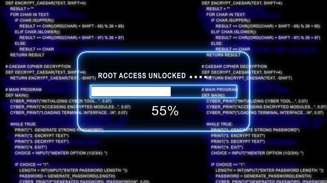 cyan glowing progress bar shows 100% percent of root access unlocked on a background of computer code programming- 4k black background icon animation with Glitch Effect