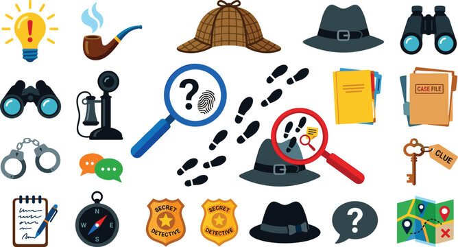 Detective and Private Investigator Icon Set Featuring Magnifying Glass Footprints Deerstalker Hat Case Files and Handcuffs for Mystery and Spy Vector Designs