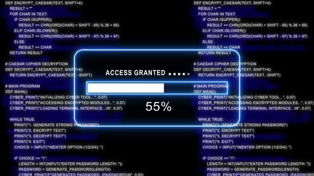 cyan glowing progress bar shows 100% percent of access granted on a background of computer code programming- 4k black background icon animation with Glitch Effect