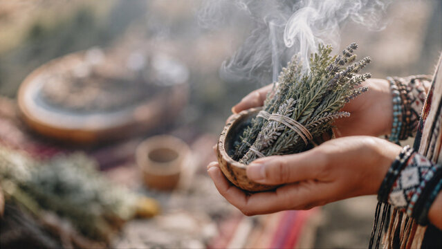 Woman holding a burning bundle of sage in a carved wooden bowl. Indigenous ritual for spiritual cleansing and meditation