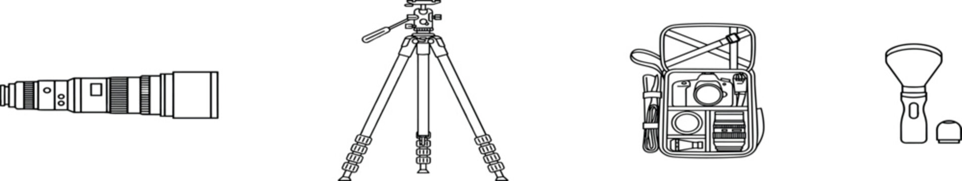 Photography Gear and Camera Equipment Icon Set with Telephoto Zoom Lens Tripod Studio Backpack and External Flash Light Line Art Graphics