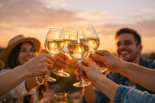 Friends toasting with white wine glasses during sunset outdoor celebration and summer vacation gathering