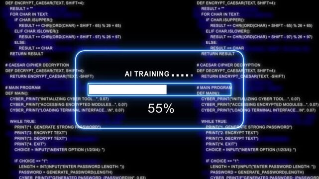 cyan glowing progress bar shows 100% percent of ai training on a background of computer code programming- 4k black background icon animation with Glitch Effect