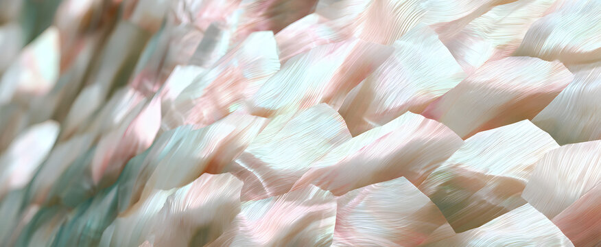 A luxurious abstract backdrop, akin to a dreamy silken vision, features mother-of-pearl tile patterns in gentle hues.