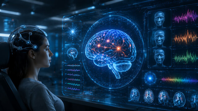 Futuristic neuroscience control room with brain activity monitoring screens and AI analysis interface