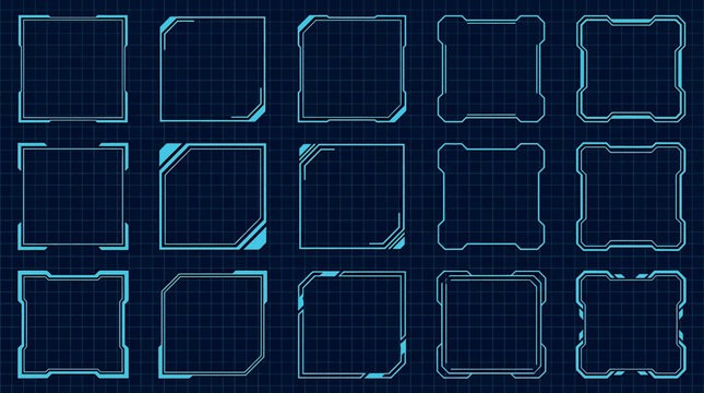 Set of futuristic hud frames, scifi interface borders, digital ui elements, vector collection of glowing blue square frames for game design