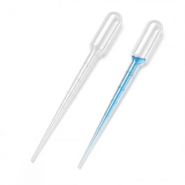 Disposable Pasteur Transfer Pipettes with Blue Liquid Sample Isolated on White Background