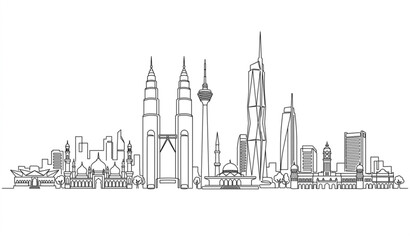 Obraz premium Continuous one line drawing of Kuala Lumpur Malaysia cityscape panorama