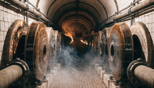 Medium shot capturing large industrial vitrified wheels undergoing uniform firing inside an extensive tunnel kiln with advanced temperature regulation.