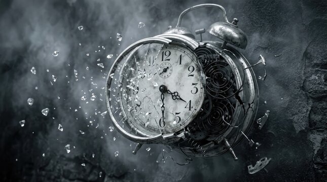 Smashed ornate gold wall clock explodes in smoke and debris