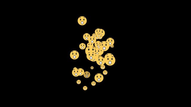 Wow emoji explosion animation loop featuring surprised face emoticons popping up from the center on a transparent alpha channel background