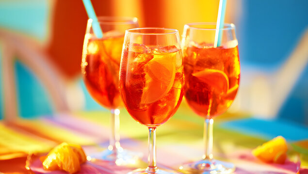 Brightly lit scenes featuring Aperol spritz cocktails.