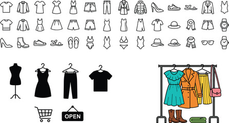 Clothing and fashion icons set with garment silhouettes shopping cart open sign and wardrobe clothing rack illustration © Designer Arif