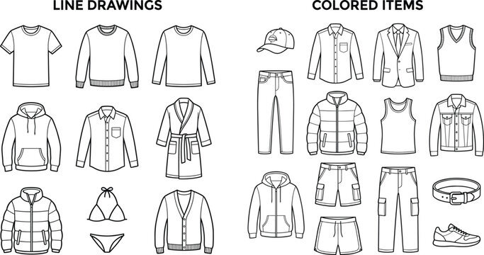 Clothing line drawings and apparel vector icons set for fashion design and e-commerce retail menus