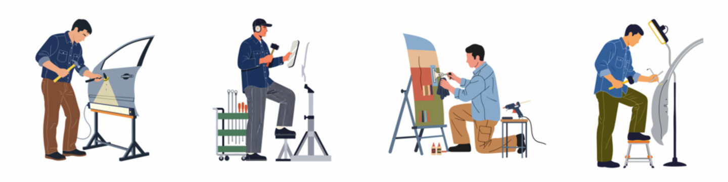 Set of illustrations showing professional mechanics performing paintless dent repair on vehicle body parts with specialized tools and lighting in a workshop.