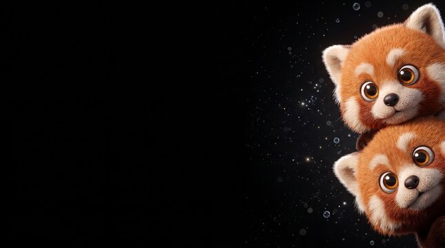 Cute red panda couple peeking from right side on black background. Two adorable fluffy animal characters looking out with big eyes in a magical starry night with bubbles, space for text.