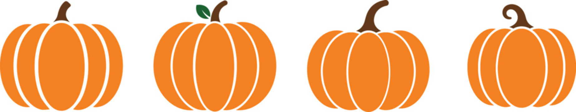 Four orange pumpkins with different stem styles on white background. icon and symbol set, Halloween element, halloween decoration, halloween vector illustration