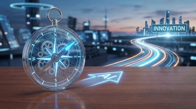 Futuristic compass guides path toward innovation