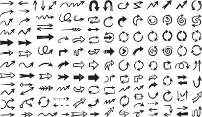 Fototapeta premium Mega Collection Hand Drawn Grunge Arrow Icons, Sketchy Brush Stroke Navigation Pointer Circular Loop Symbols Vector Isolated on White Background