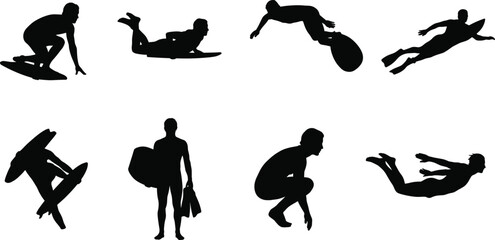 Bodyboarding and water sports icon set featuring black silhouettes of surfers swimmers and boogie boarders © MdBabul