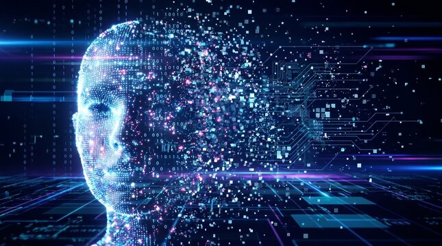 Human face dissolving into futuristic digital data stream with glowing circuitry
