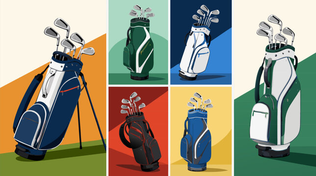 Professional golf bag filled with various iron clubs and putters, flat vector illustration of sports equipment for golfing enthusiasts, isolated on a clean background for web or print design.