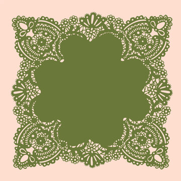 Elegant colorful lace Napkin, Frame. Beautiful shape, ornament, crochet doily borders. Hand drawn Vector illustration. Wedding invitation, greeting card, Valentine day concept. Isolated design element
