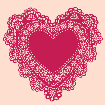 Elegant colorful lace Napkin, Frame. Beautiful shape, ornament, crochet doily borders. Hand drawn Vector illustration. Wedding invitation, greeting card, Valentine day concept. Isolated design element