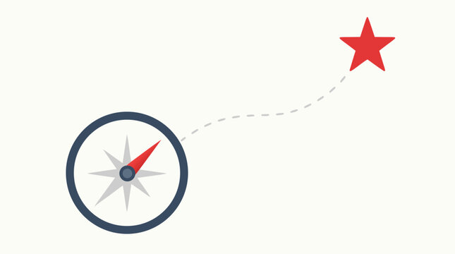 A simple flat vector illustration of a navigation compass with a needle pointing toward a red star, representing guidance, goal setting, discovery, and finding the right path on a clean background.