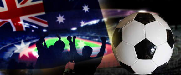 silhouete of football supporters cheering in stadium and Australia flag double exposure © Melinda Nagy
