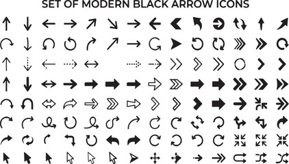 Fototapeta premium Set of Modern Black Arrow Icons, Minimalist Navigation Pointer Cursor and Web Interface Elements Vector Isolated on White Background