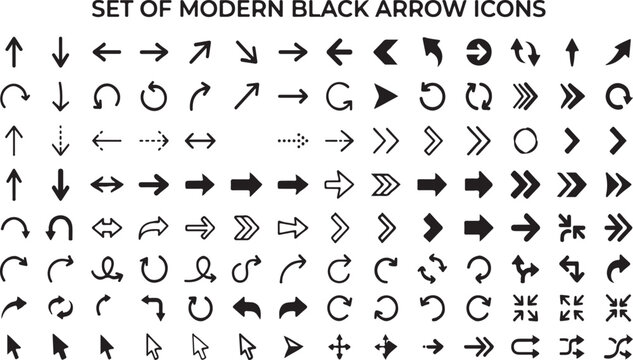 Set of Modern Black Arrow Icons, Minimalist Navigation Pointer Cursor and Web Interface Elements Vector Isolated on White Background