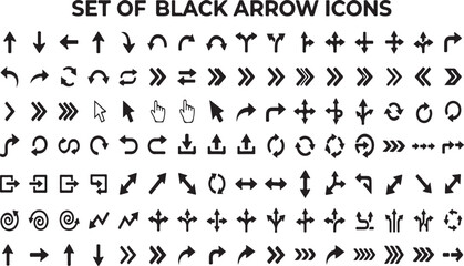Obraz premium Set of Black Arrow Icons, Universal Navigation Pointer Cursor Refresh and Upload Web Symbols Vector Illustration Isolated on White Background