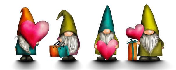 Naklejka premium Charming Hand Drawn Gnomes Celebrating Love With Gifts and Hearts for Every Occasion