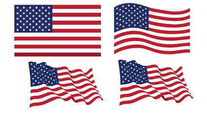Fototapeta premium Set of american flags in different styles, flat and waving