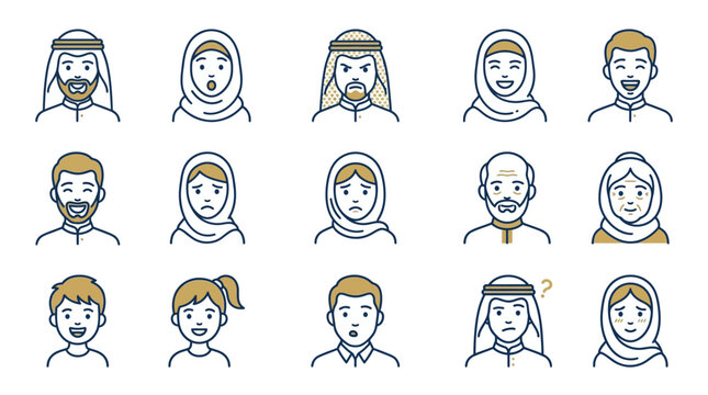 Premium Collection of 38 Highly Detailed Arabian People Icons with Fully Editable Facial Expressions and Emotions in a Modern Clean Spot Style Perfect for Web Design Apps and Marketing Mater
