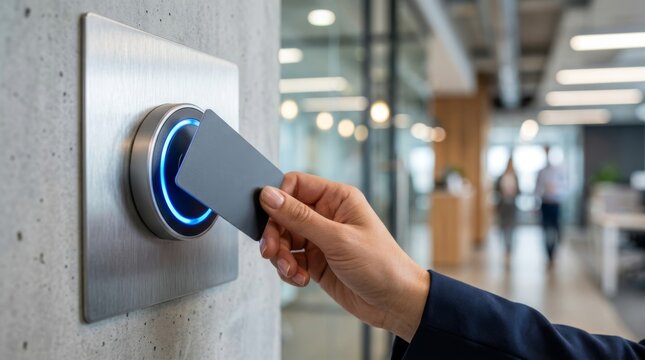Woman in business suit using an access card to enter a modern office building with blur background. Digital identification for secure entry to corporate workplace.