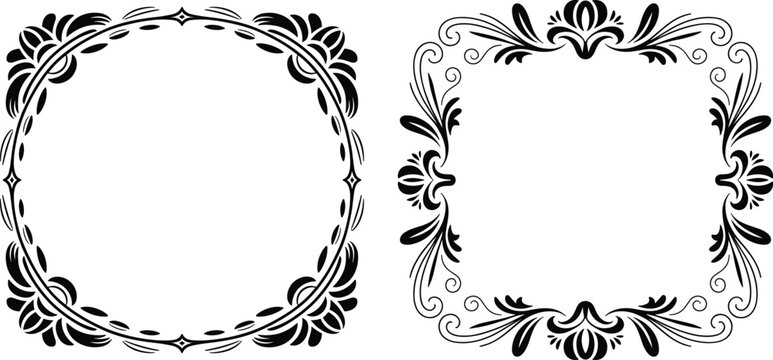 Elegant black vintage floral frames set with decorative round and square borders isolated on white background